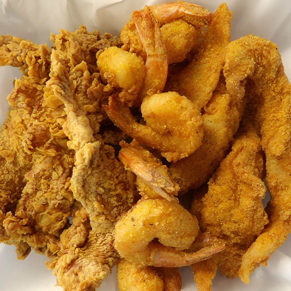 Close-up of Big Easy Bistro's fried shrimp, fish, and chicken tenders, golden brown and crispy.